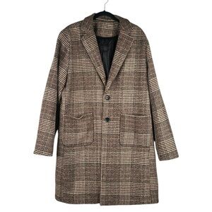 Uaneo Wool Blend Brown Tan Plaid Winter Fall Academia Minimalist Pea Coat XL